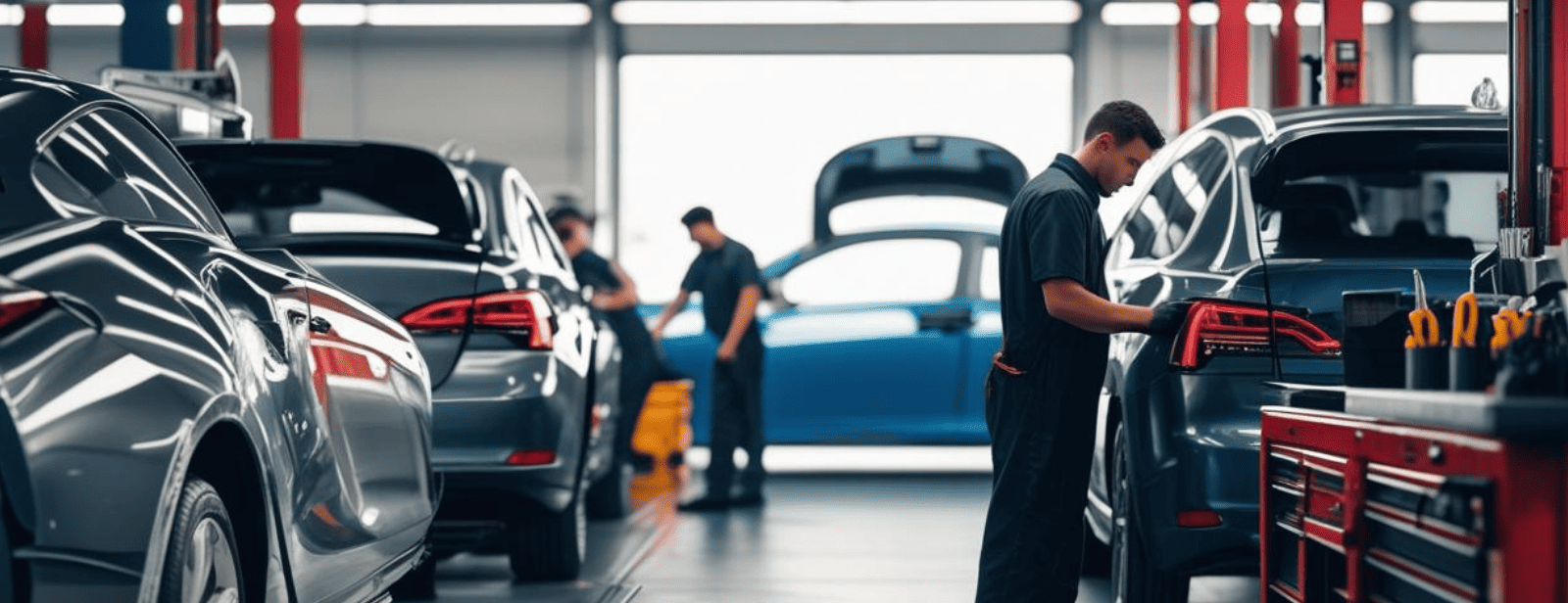 Skilled mechanics performing car repairs