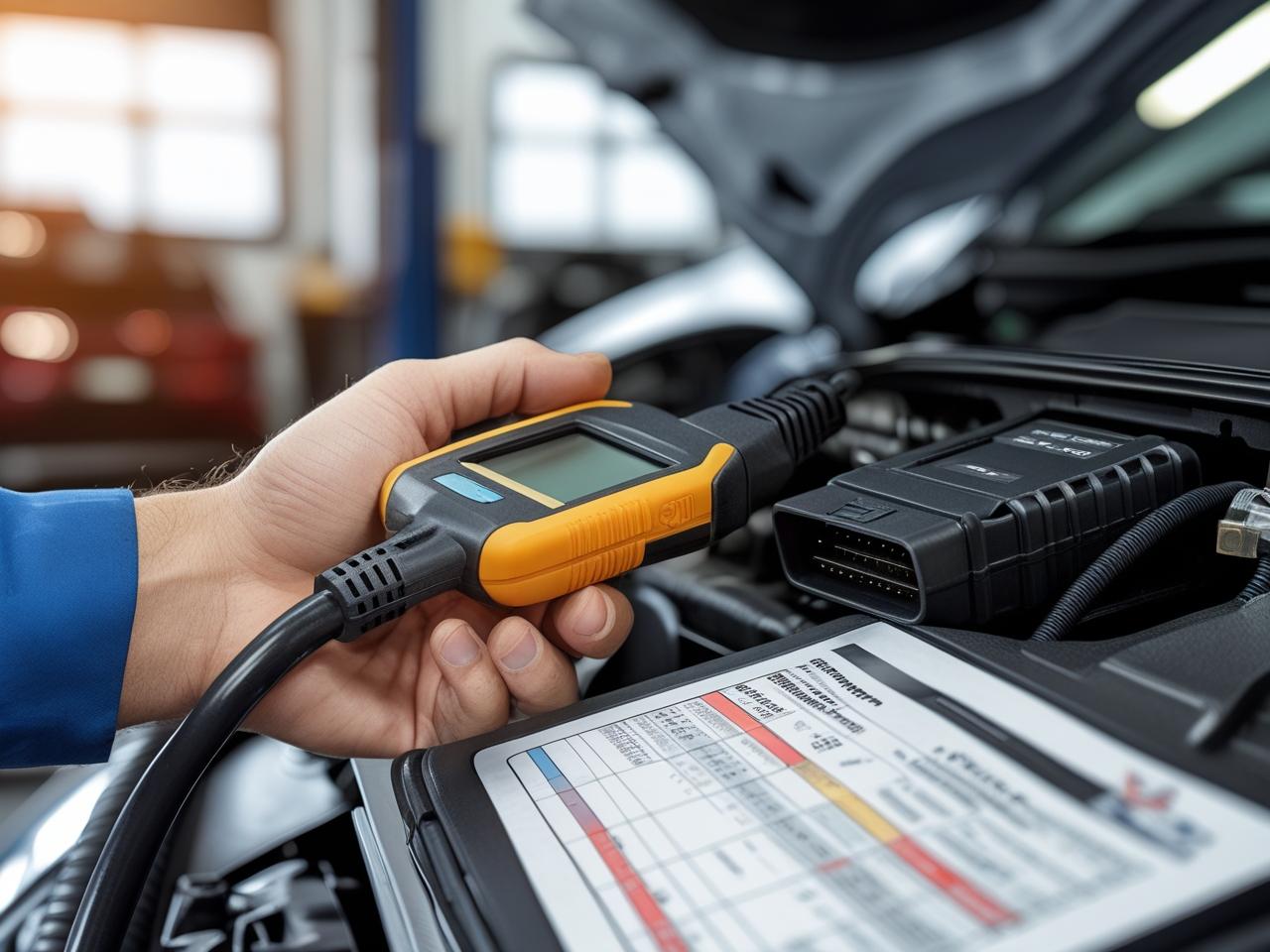 A mechanic using a tool for vehicle diagnostics